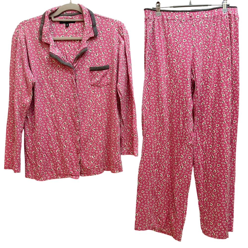 Ellen Tracy Pink Leopard Print Pajama Set Womens M Button Front L/S